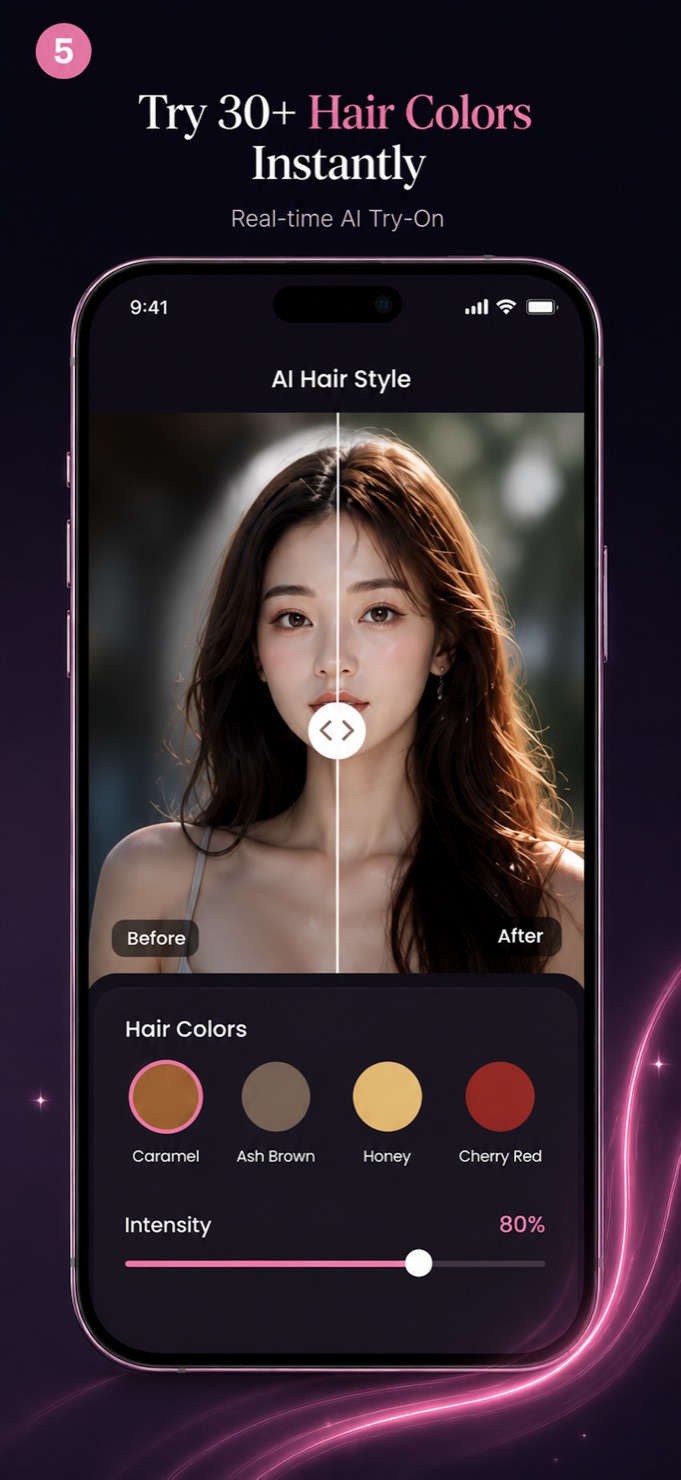 Lumora AI hair color try-on screen